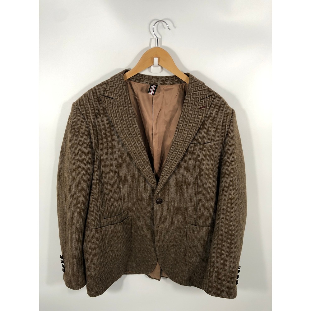 VTG Herringbone Tweed Sport Coat Mens 48R Brown Patch Ticket Pocket Peak Lapel